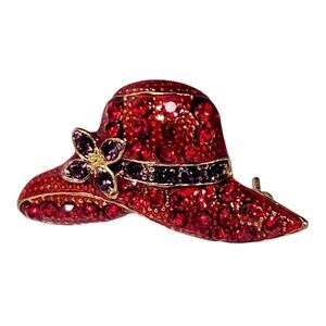 Vintage Red Hat Society Rhinestone Paved Brooch Pin Pendant Gold Tone